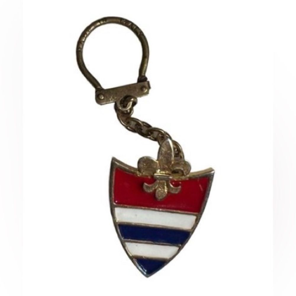 Vintage Brooch Pin Key Ring Badge Fleur De Lis Red Blue Gold Tone Made In Italy